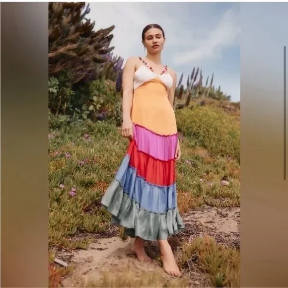 NEW By Anthropologie Rainbow V-Neck Tiered Maxi Dress Size Small - Picture 2 of 8